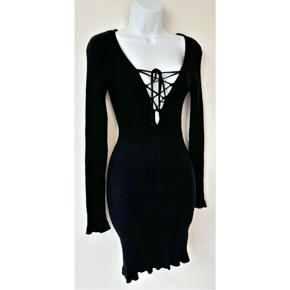 Blue Blush Black Ribbed Lace-Up Bodycon Dress | Size M | Long Sleeve - Picture 5 of 11